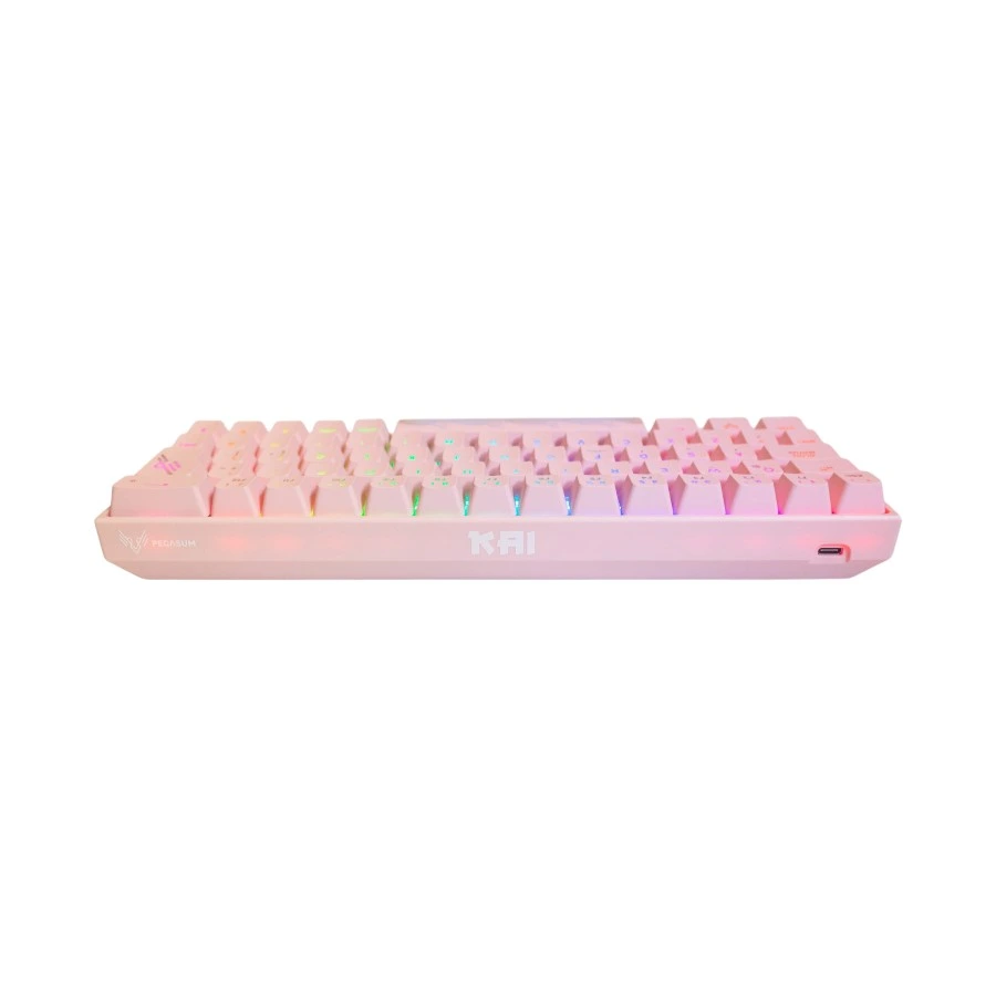 Teclado mecánico inalámbrico rosado KAI con logo Pegasum y puerto USB-C