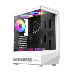 Vista superior PC Gamer blanca Gamemax con Ryzen 5 5500 y ventiladores RGB frontales y superiores