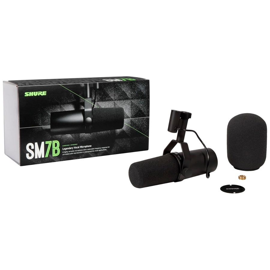 Micrófono Shure SM7B con caja, pantalla antiviento A7WS y accesorios incluidos