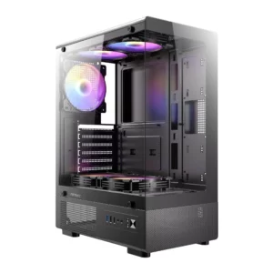 Gabinete gaming Antec negro con panel lateral de vidrio templado y ventiladores ARGB