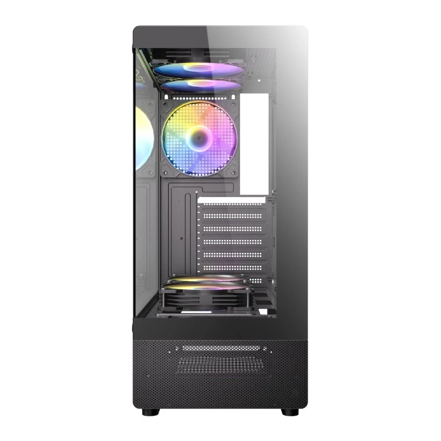Gabinete gaming Antec negro vista frontal con panel de vidrio templado y ventiladores ARGB RGB