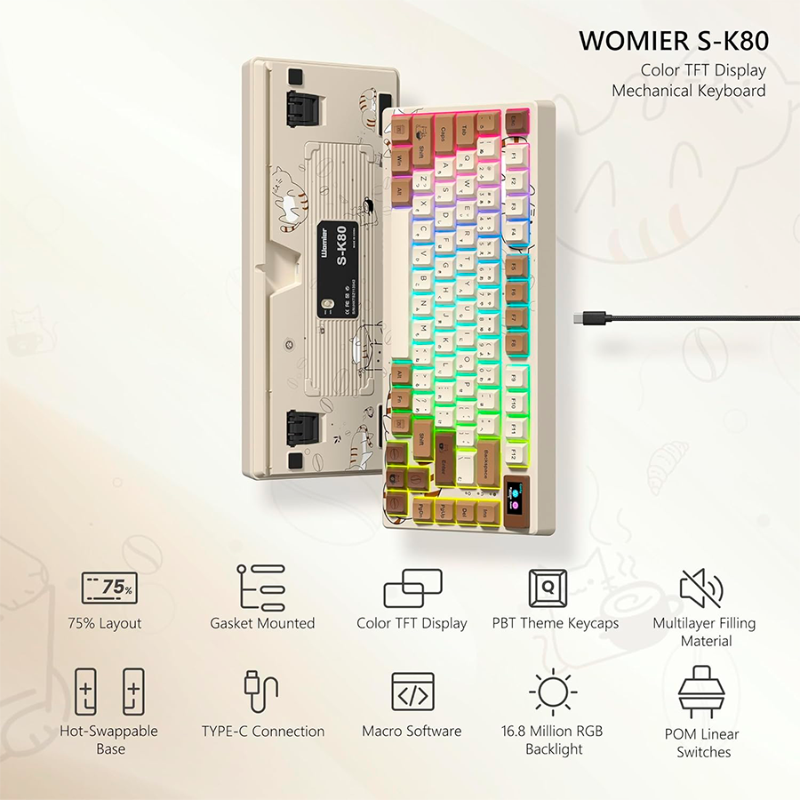 teclado-mecanico-womier-sk80-pro-infografia-coffee teclado mecanico womier sk80 pro resumen de especificaciones tecnicas en variante crema