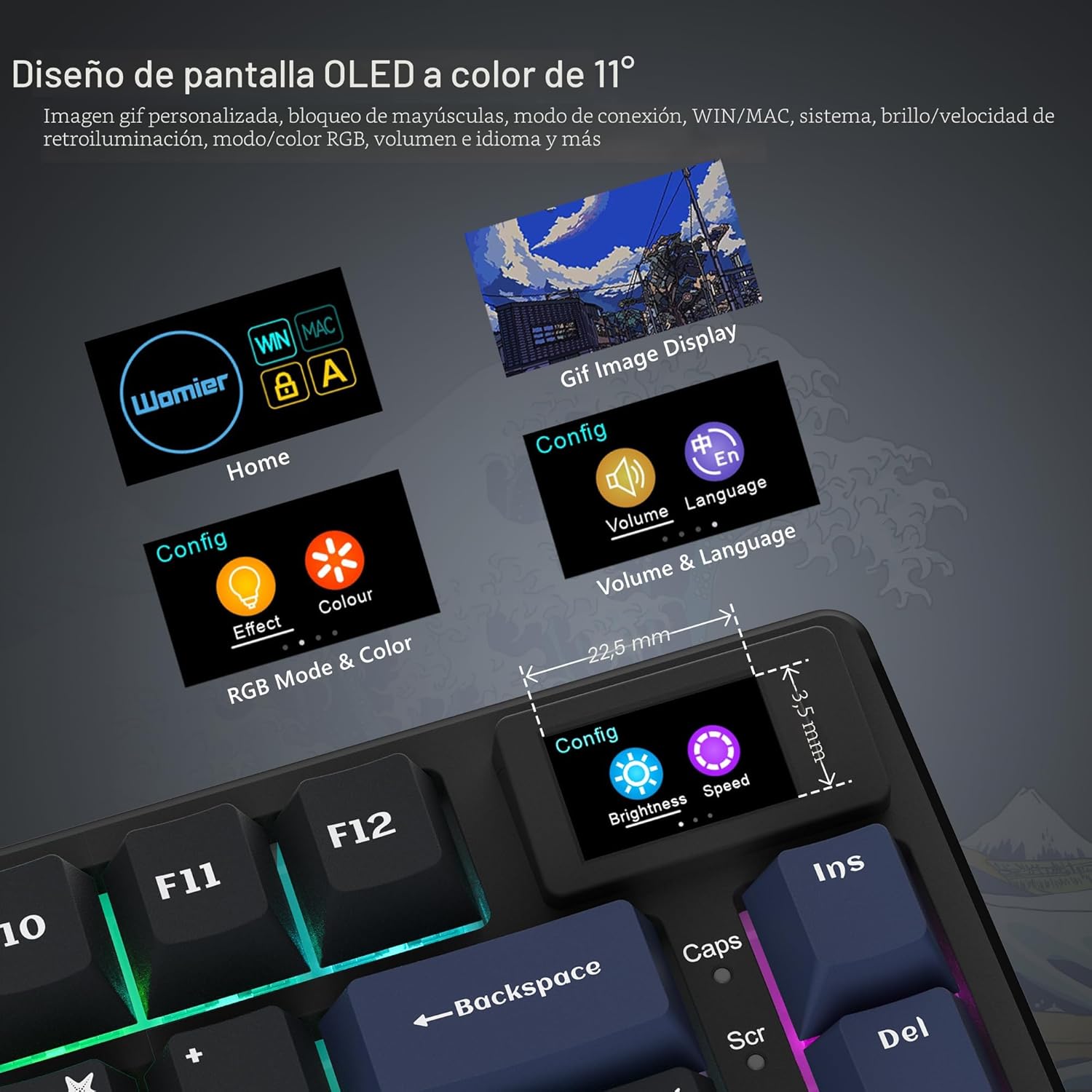 teclado-mecanico-womier-sk80-pro-funciones-pantalla teclado mecanico womier sk80 pro interfaz de pantalla oled digital a color