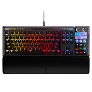 Vista frontal directa del teclado Corsair Galleon 100 SD con retroiluminación RGB encendida y apoyamuñecas.
