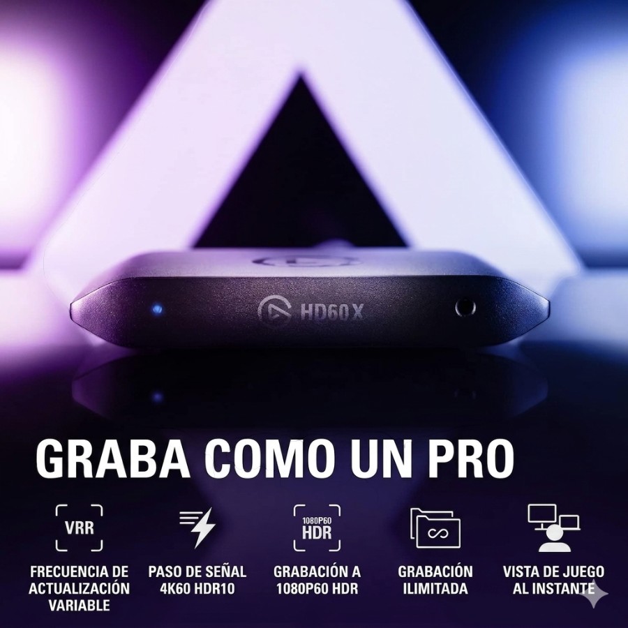 Vista de primer plano de la capturadora Elgato HD60 X iluminada con luces de neón moradas y azules, acompañada del texto "GRABA COMO UN PRO" e iconos de características como VRR y 4K60 HDR10.