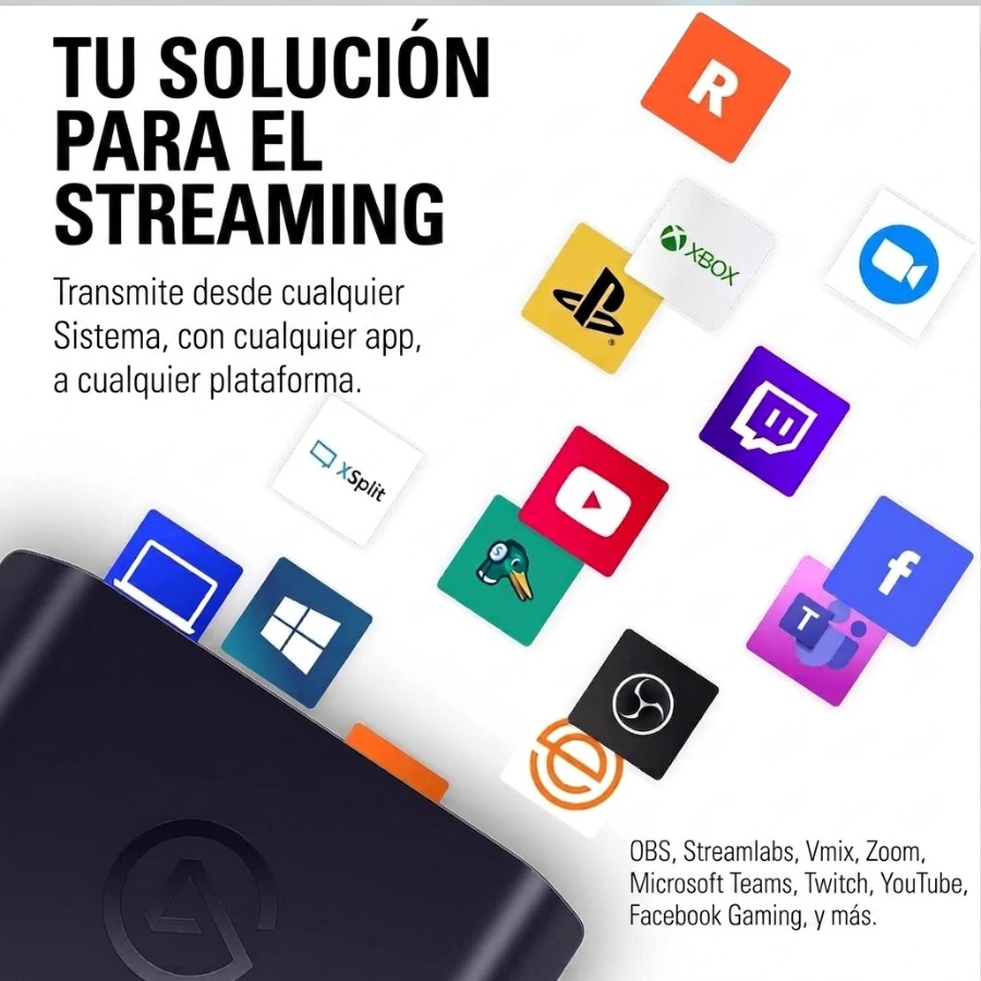 Infografía publicitaria de Elgato HD60 X con el texto "TU SOLUCIÓN PARA EL STREAMING" rodeado de logotipos flotantes de aplicaciones y consolas como Xbox, PlayStation, Twitch, YouTube, Windows y OBS Studio.