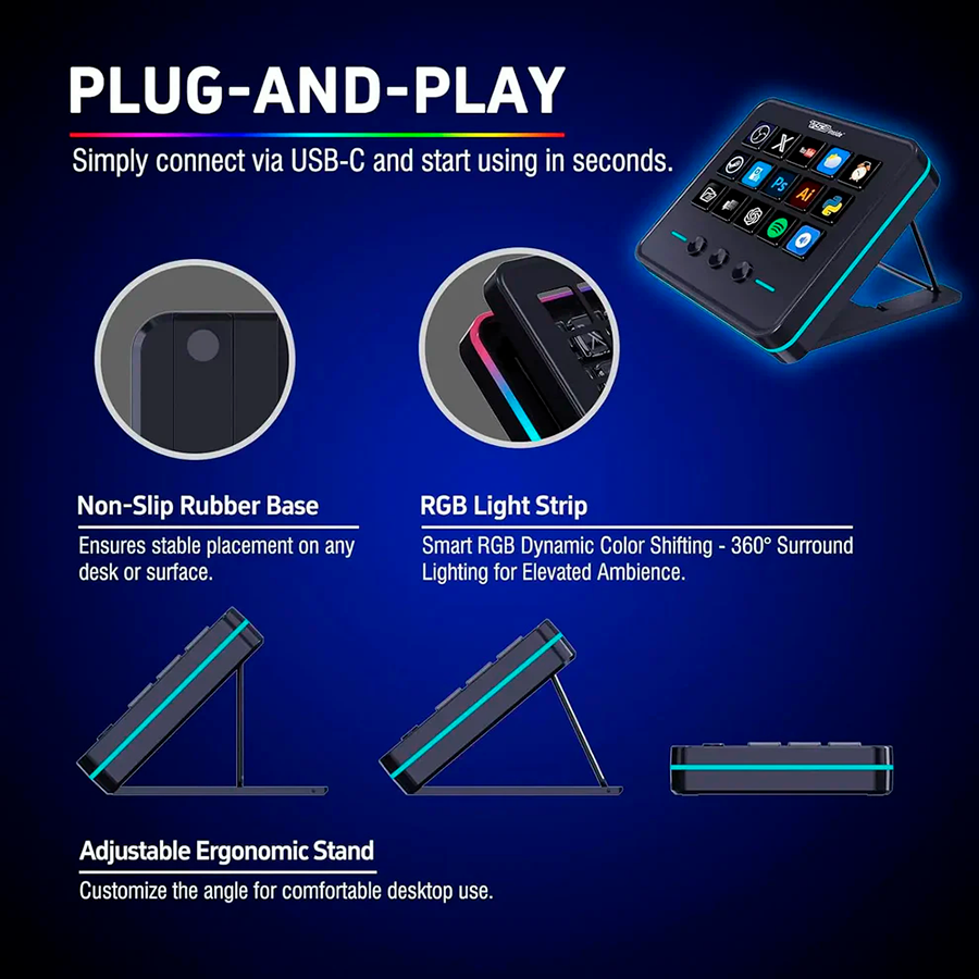 vsdinside-macro-keypad-plug-and-play-features Stream controller VSDinside con conexión USB-C base de goma antideslizante