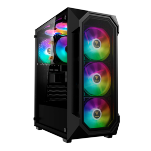 Vista lateral en ángulo de gabinete para PC Gamdias AURA con cristal templado transparente e iluminación ARGB interior.