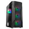 Vista lateral en perspectiva de gabinete para PC gamer con panel lateral de vidrio templado transparente y ventiladores RGB iluminados.