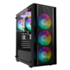 Gabinete gamer Gamdias AURA vista tres cuartos mostrando lateral de vidrio templado transparente y componentes informáticos iluminados.