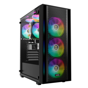 Gabinete gamer Gamdias AURA vista tres cuartos mostrando lateral de vidrio templado transparente y componentes informáticos iluminados.