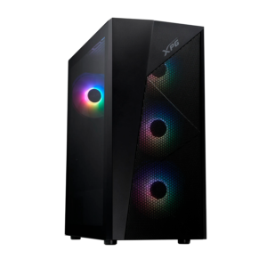 Gabinete gamer negro XPG Starker Air en perspectiva con panel frontal de malla MESH e iluminación ARGB.