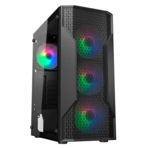 Vista lateral en perspectiva de gabinete para PC gamer con panel lateral de vidrio templado transparente y ventiladores RGB iluminados.
