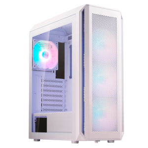 Gabinete para PC gamer blanco XPG en perspectiva con panel lateral de cristal templado y ventilador ARGB trasero encendido